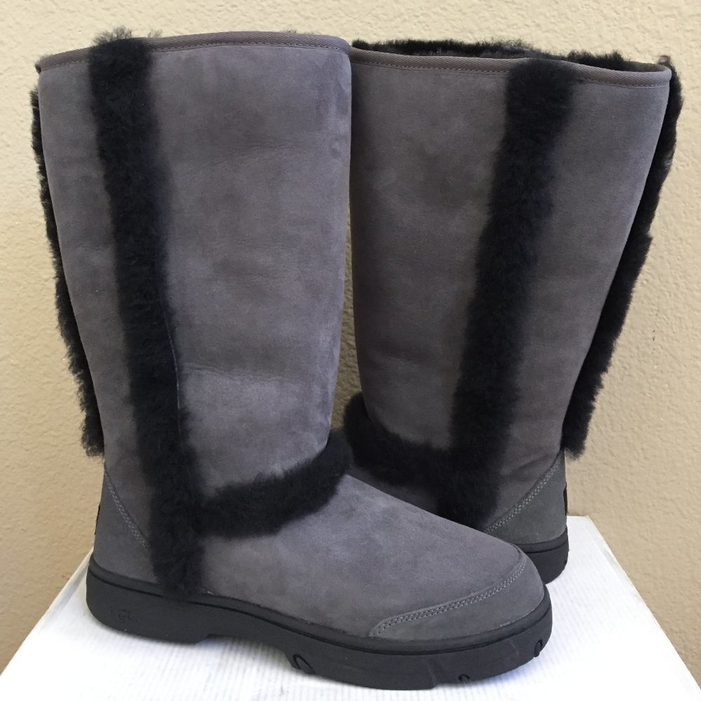 UGG Gray Suede Shearling Tall Boots with Black Fur Trim